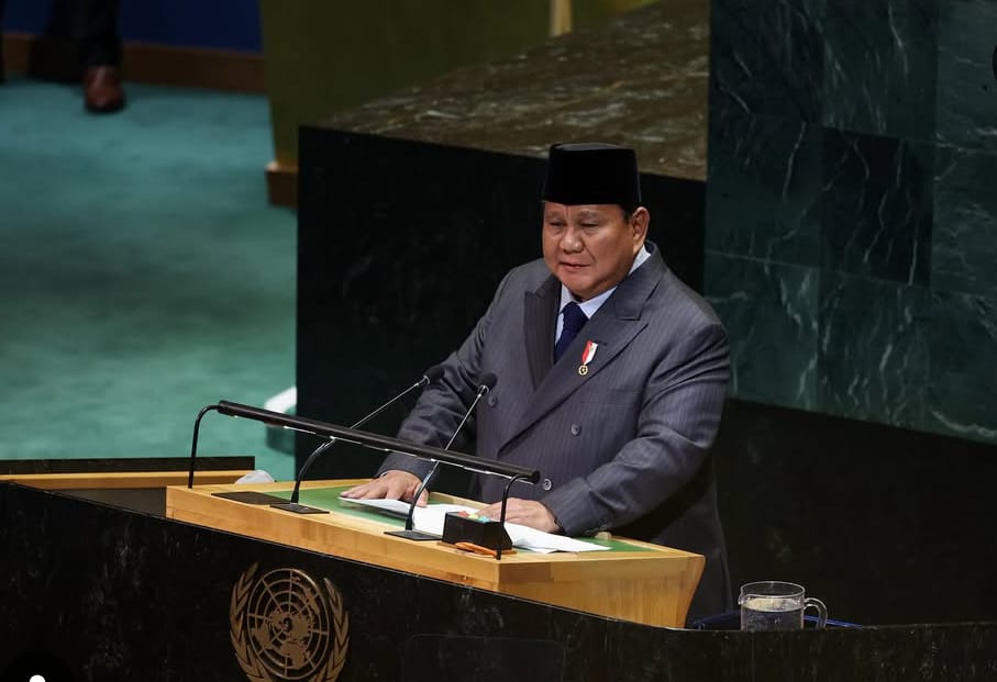 Presiden Republik Indonesia Prabowo Subianto saat menyampaikan pidatonya di PBB