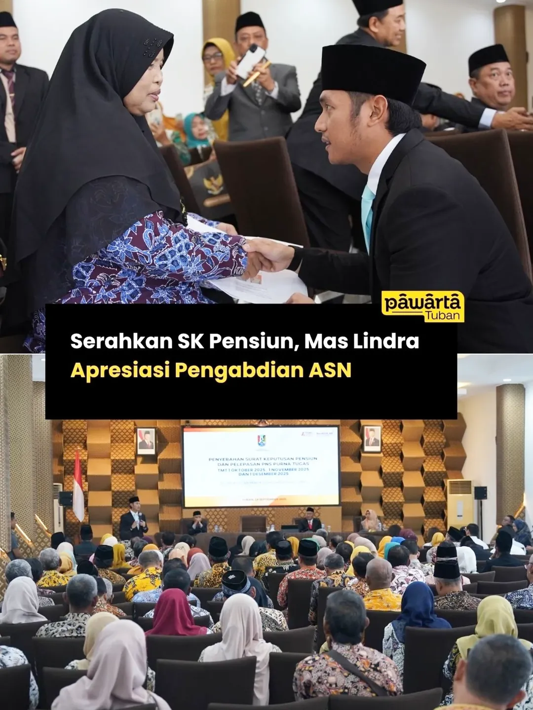Bupati Tuban Mas Lindra Serahkan SK Pensiun Langsung kepada 100 ASN Purna Tugas