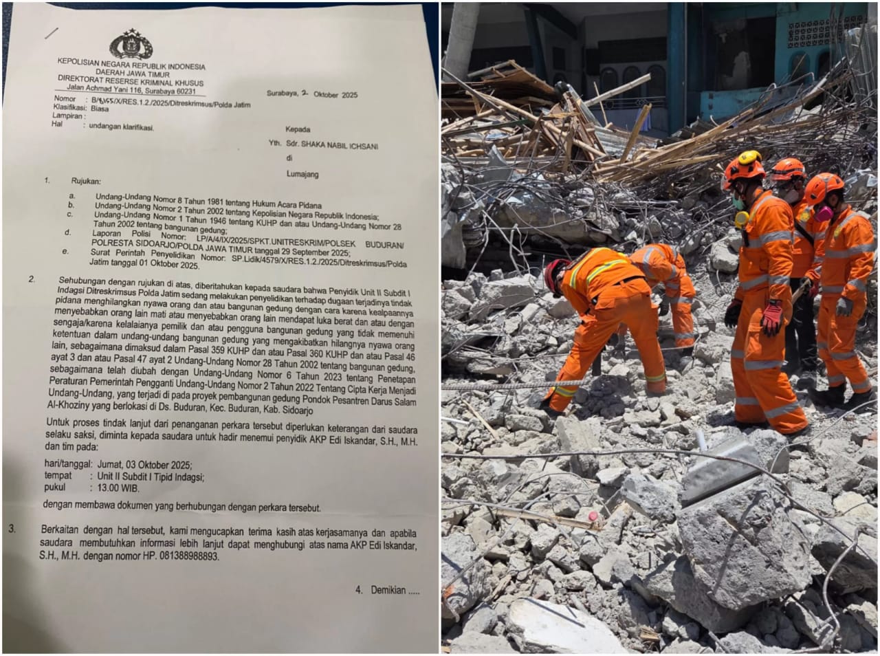 Surat pemanggilan saksi dalam insiden robohnya bangunan Pondok Pesantren Al Khoziny Sidoarjo.