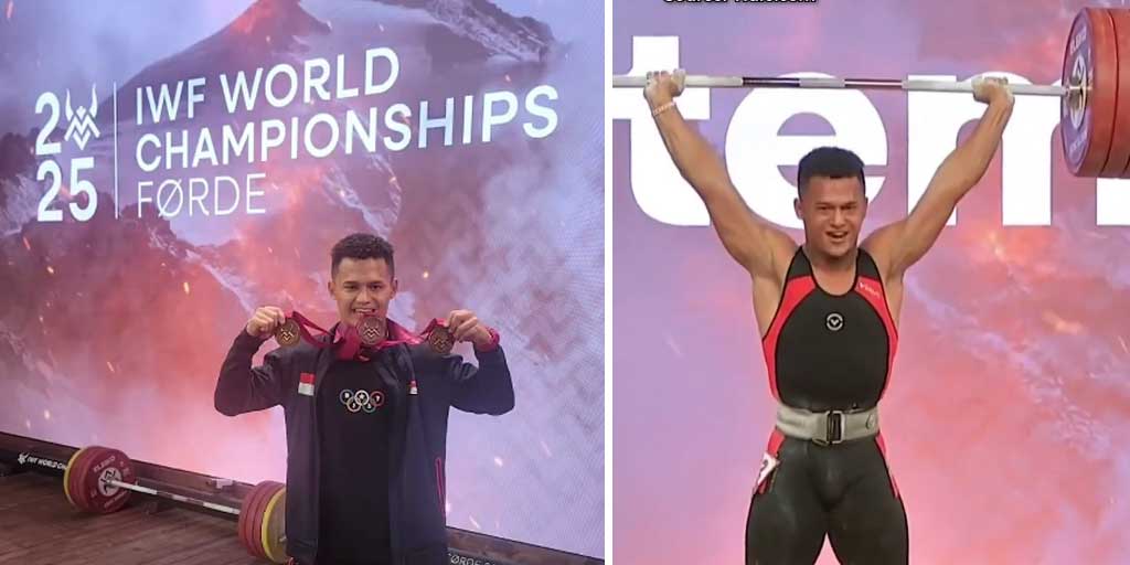 Rizki Juniansyah dua medali emas sekaligus pada ajang IWF World Championship 2025.