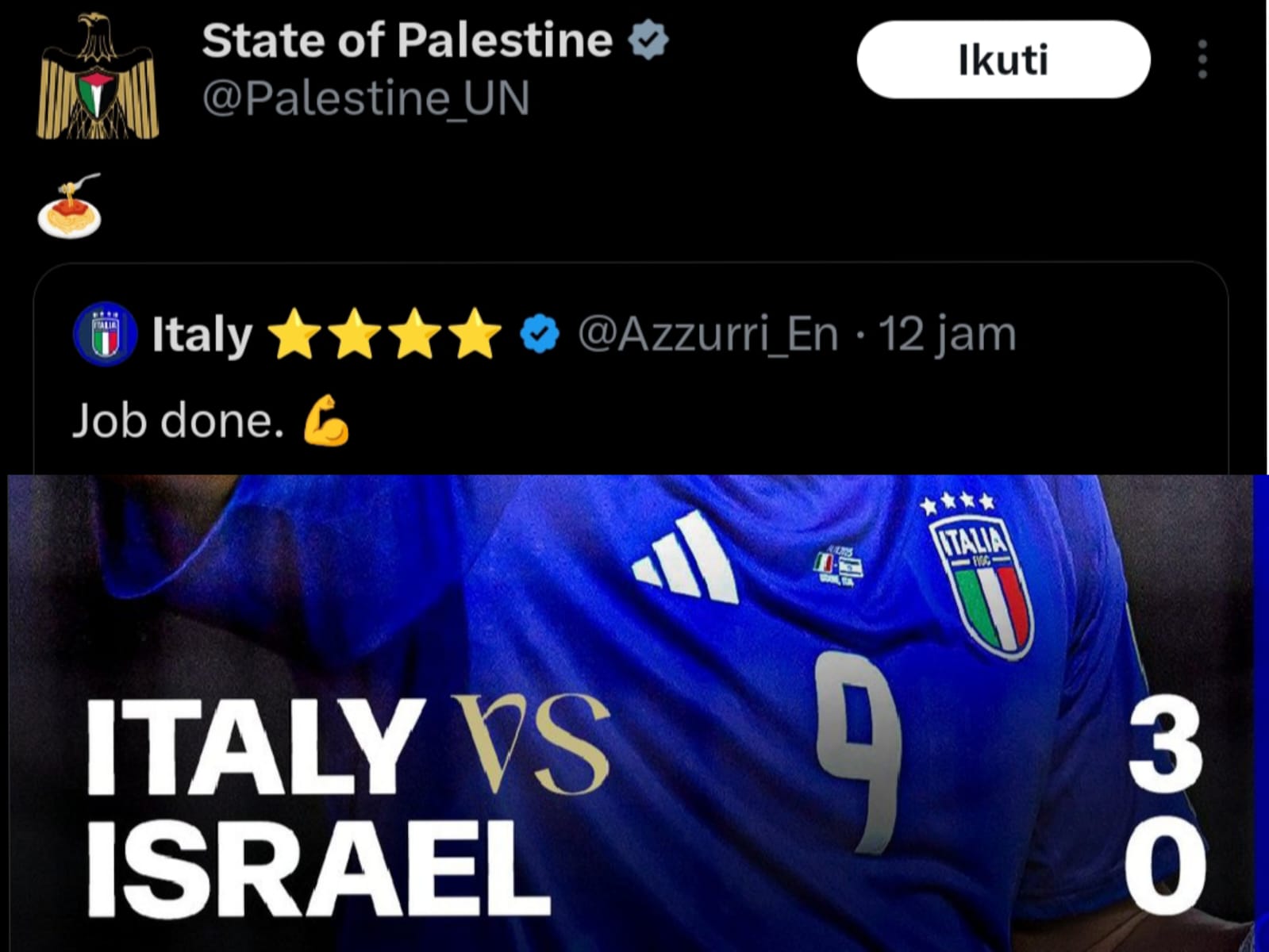 Akun resmi Palestina beri sindiran halus usai Italia taklukan Israel 3-0 di ajang kualifikasi piala dunia 2026.