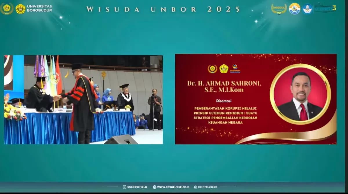 Mantan Wakil Ketua Komisi III DPR RI, Ahmad Sahroni, wisuda meraih Doktor Ilmu Hukum Universitas Borobudur di Jakarta.