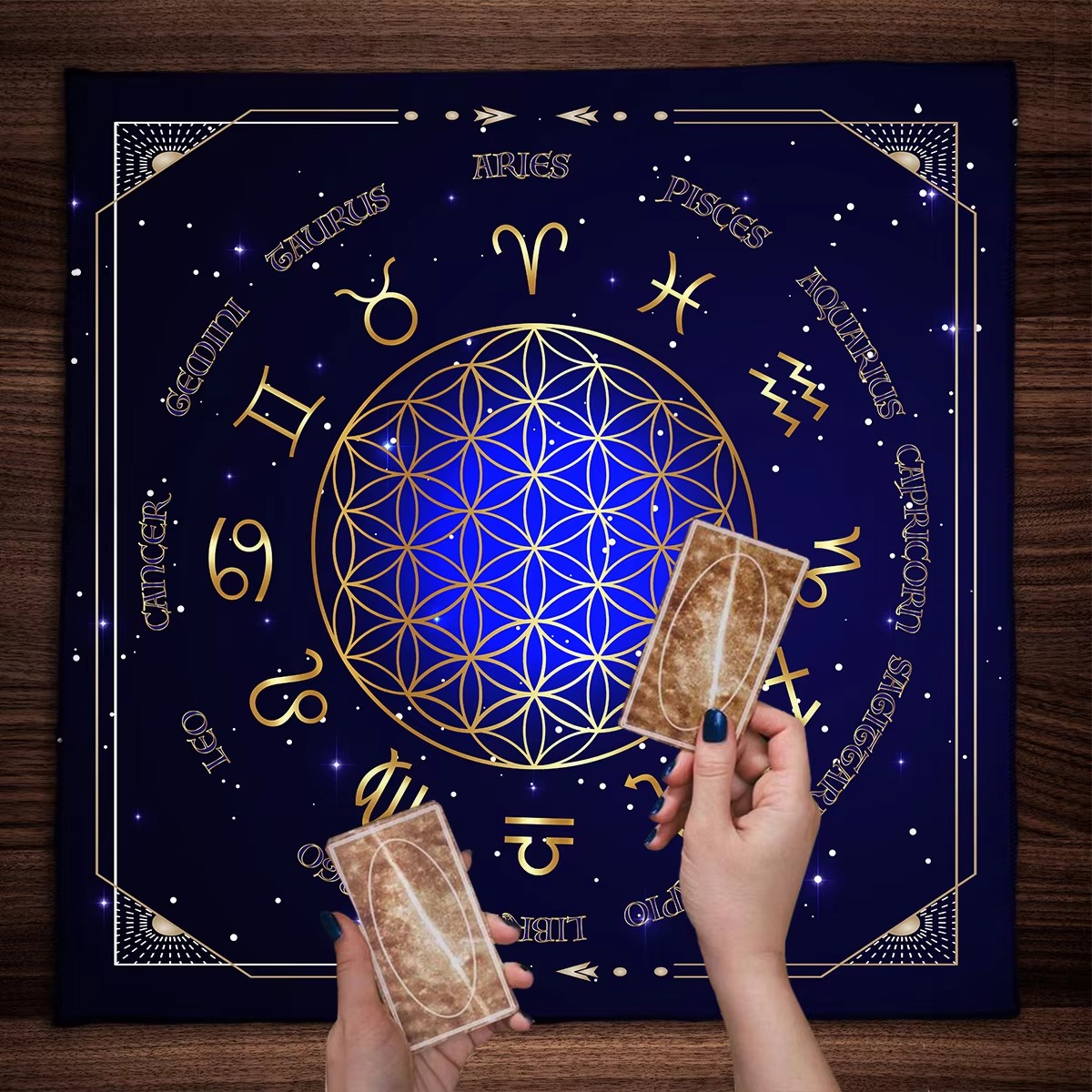 Ilustrasi praktik membaca tarot di tengah simbol-simbol astrologi/zodiak.