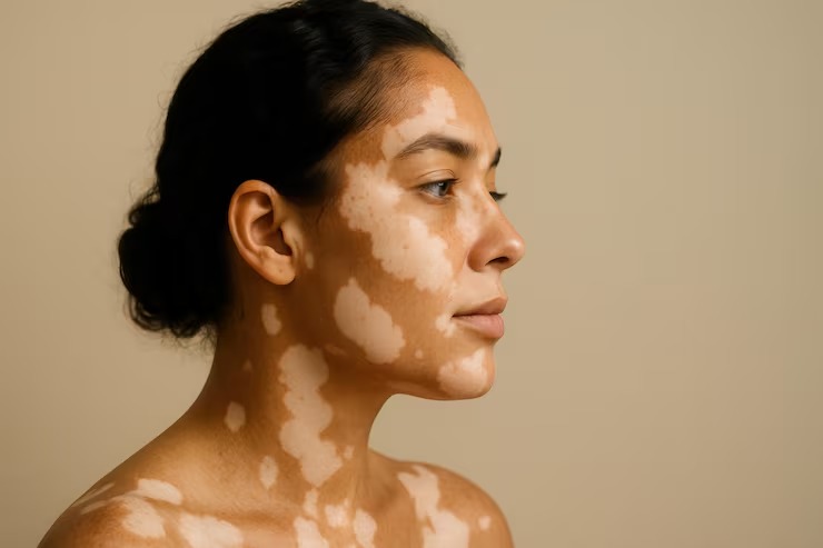 Ilustrasi seorang wanita dengan kondisi vitiligo, yang terlihat dari bercak putih pada kulit wajah, leher, dan bahu.