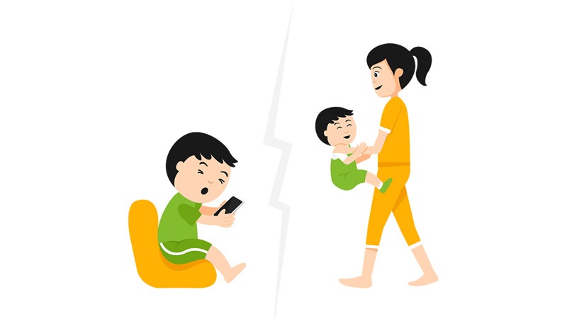 Ilustrasi kontras antara penggunaan gadget oleh anak dan pentingnya pendampingan orang tua di era digital.