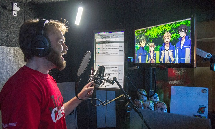 Ilustrasi dubber sedang mengisi suara karakter animasi di studio rekaman.