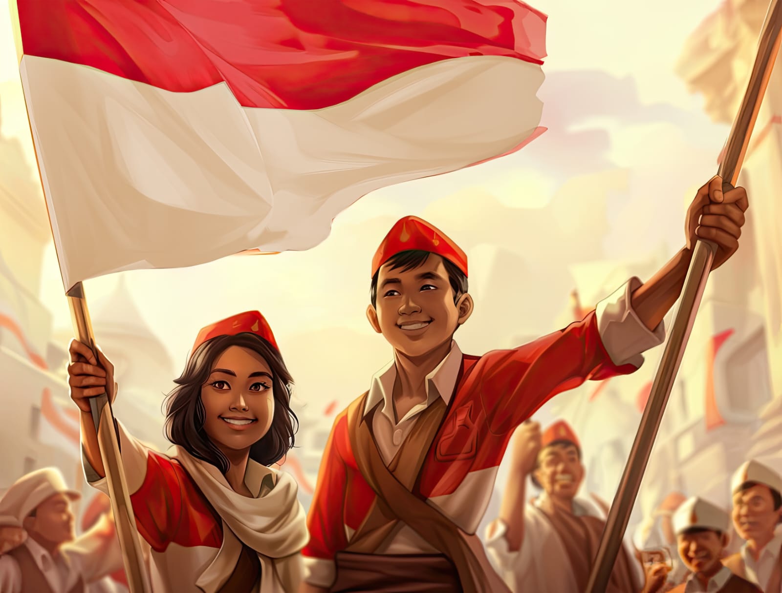 ilustrasi pemuda pemudi Indonesia yang sedang membawa bendera Indonesia
