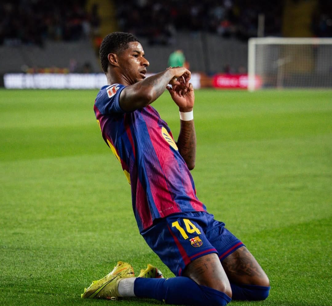 Selebrasi gol dari Marcus Rashford untuk Barcelona.