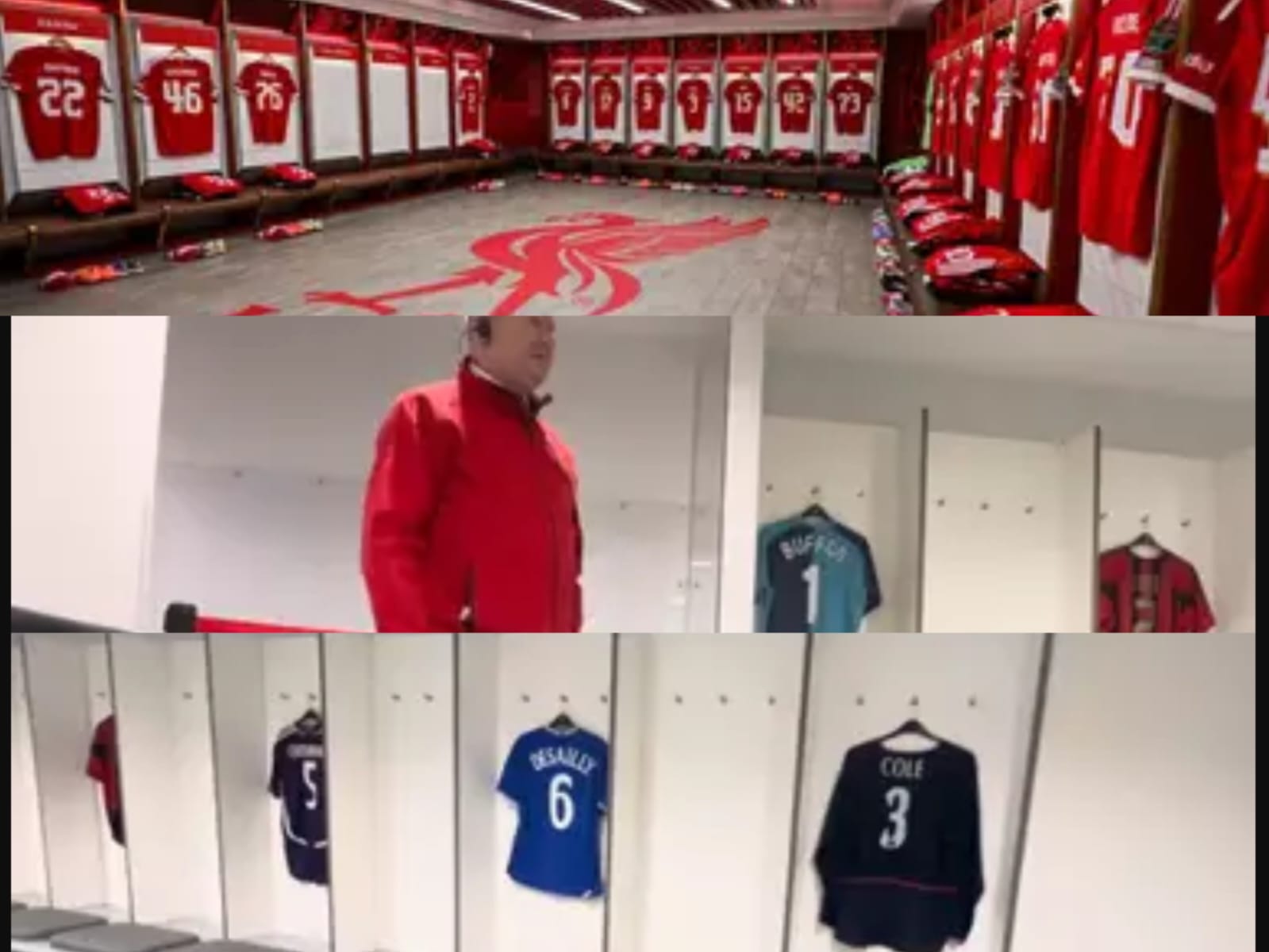 Ruang ganti stadion Anfield milik Liverpool, menampilkan deretan Jersey para legenda hidup sepakbola dunia.