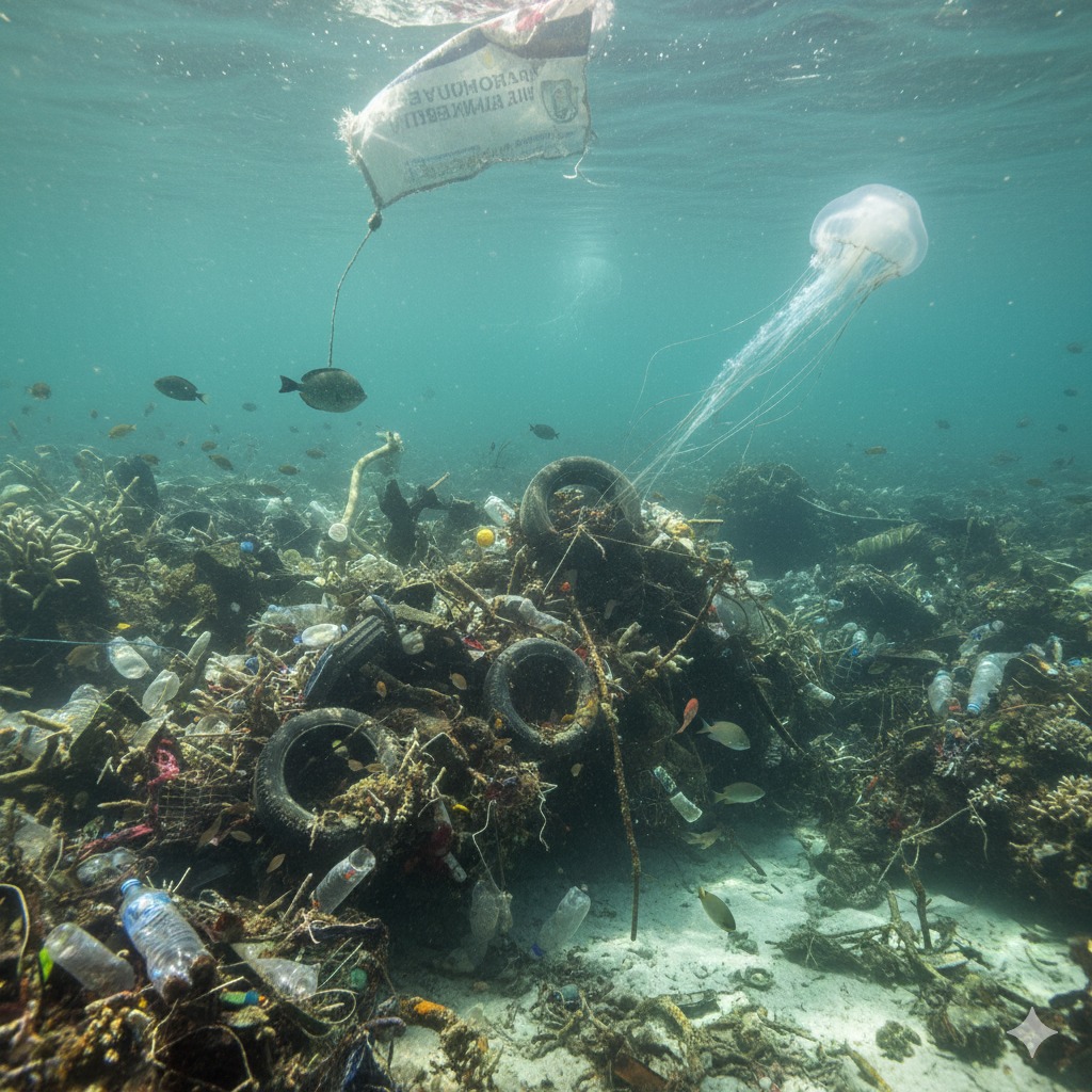 Ilustrasi sampah plastik di laut. sampah plastik Indonesia yang masuk ke laut diperkirakan mencapai 650 ribu ton per tahun.
