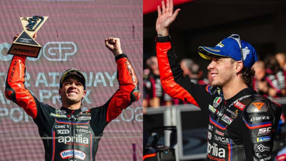 kolase foto pembalap Aprilia, Marco Bezzecchi berhasil Juara pertama di MotoGP Portugal 2025