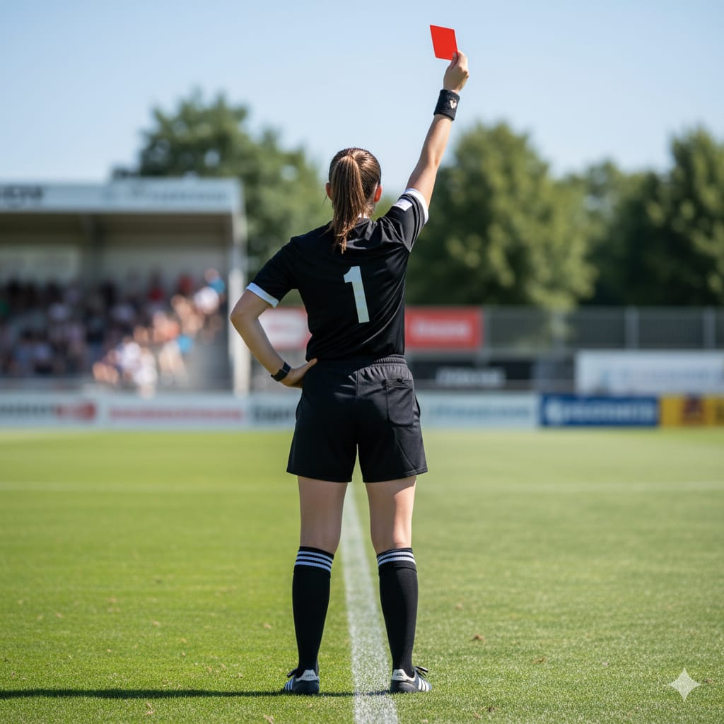Ilustrasi wasit perempuan dalam pertandingan sepakbola.