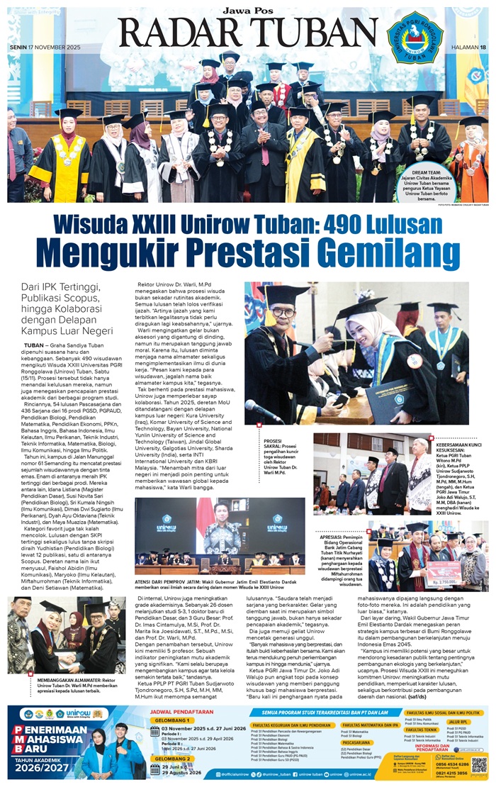 Wisuda XXIII Unirow Tuban diikuti 490 mahasiswa. Beragam prestasi diraih, termasuk lulusan non-skripsi dengan 12 publikasi hingga kerja sama global.