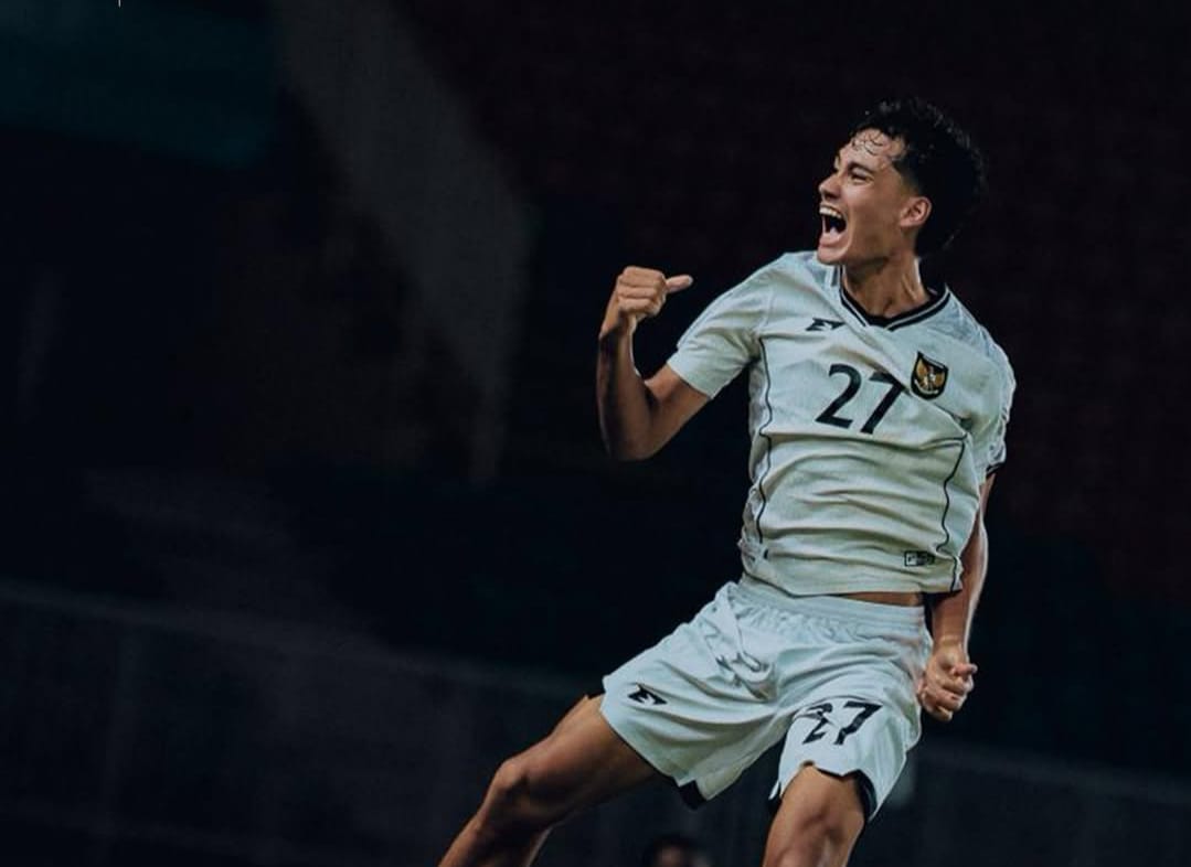Pemain Timnas Indonesia U-22, Rafael Struick, saat selebrasi mencetak gol ke gawang Mali.