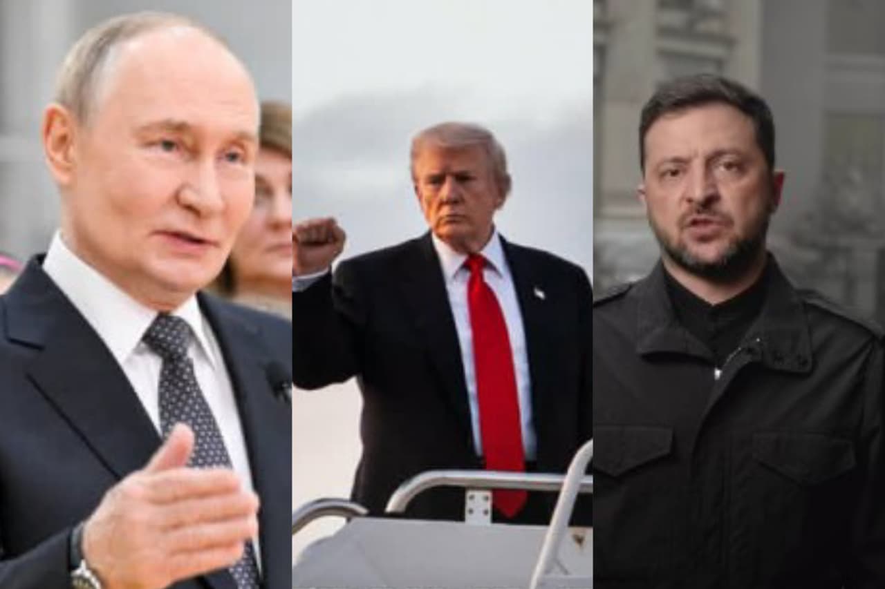 Kolase Foto Vladimir Putin, Donal Trump, Volodymyr Zalensky.
