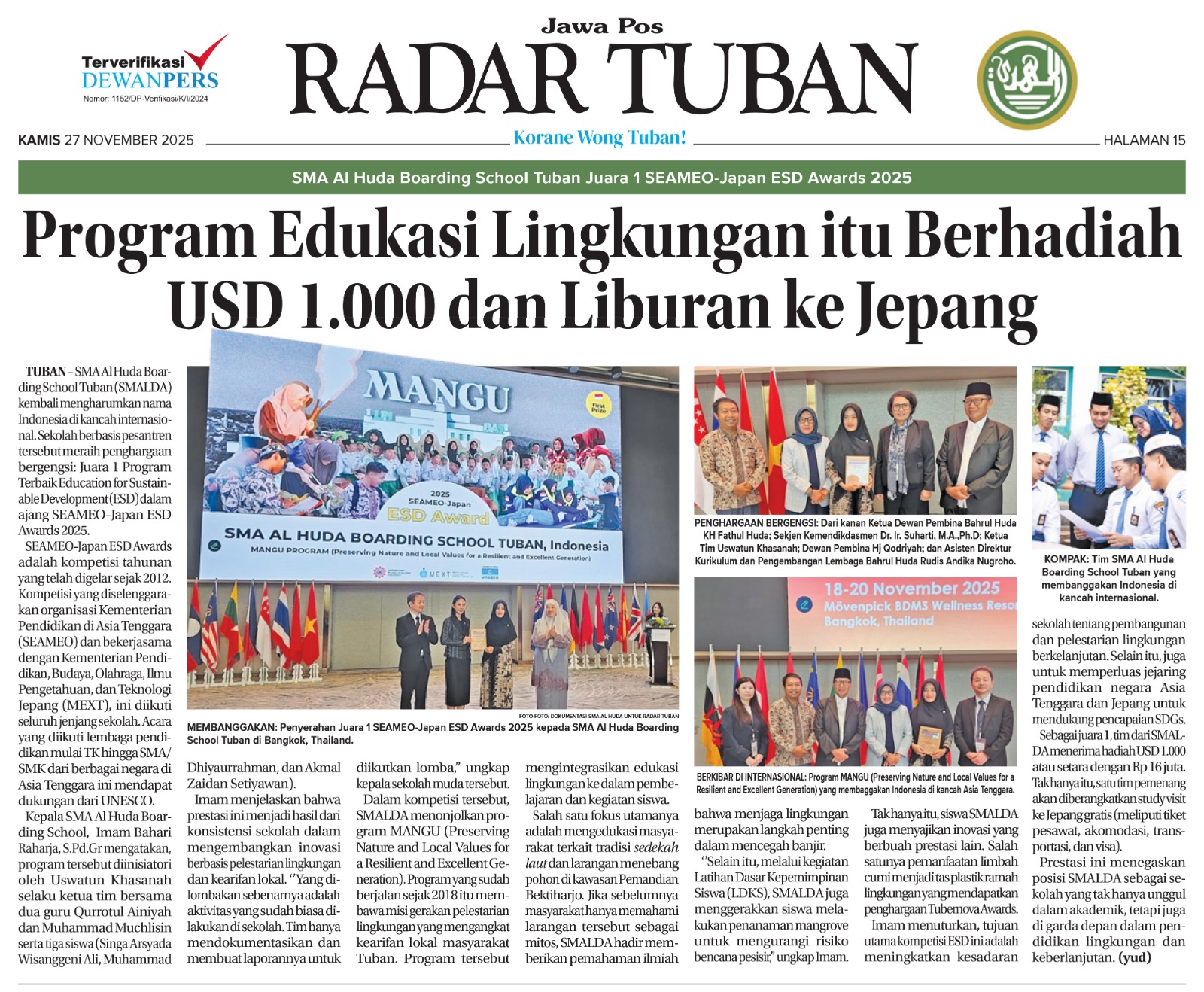 SMA Al Huda Boarding School Tuban sukses menjadi yang terbaik se-Asia Tenggara dalam ESD Awards 2025 melalui inovasi pendidikan lingkungan berbasis budaya lokal.