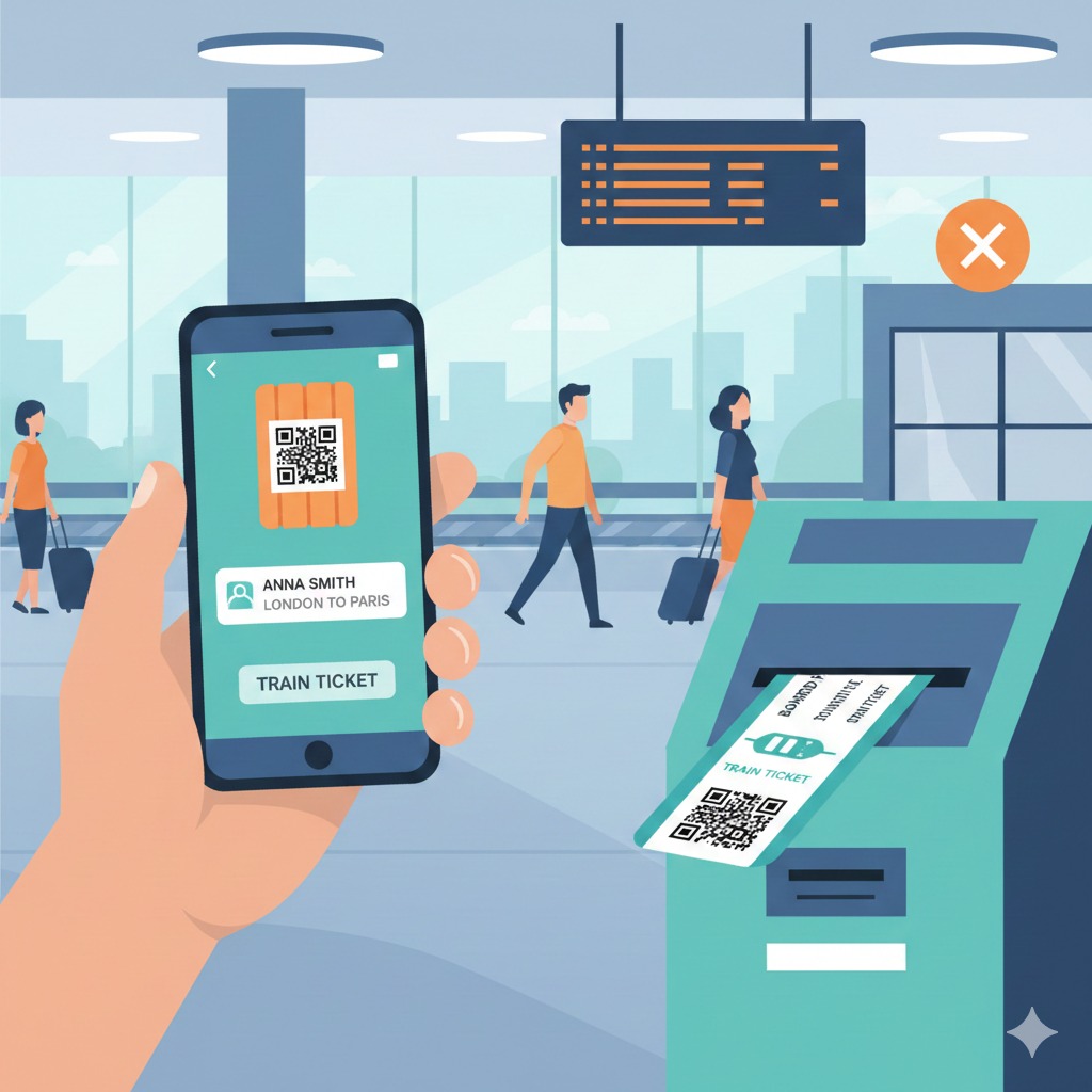 Ilustrasi mencetak boarding pass tiket kereta api yang dipesan secara online