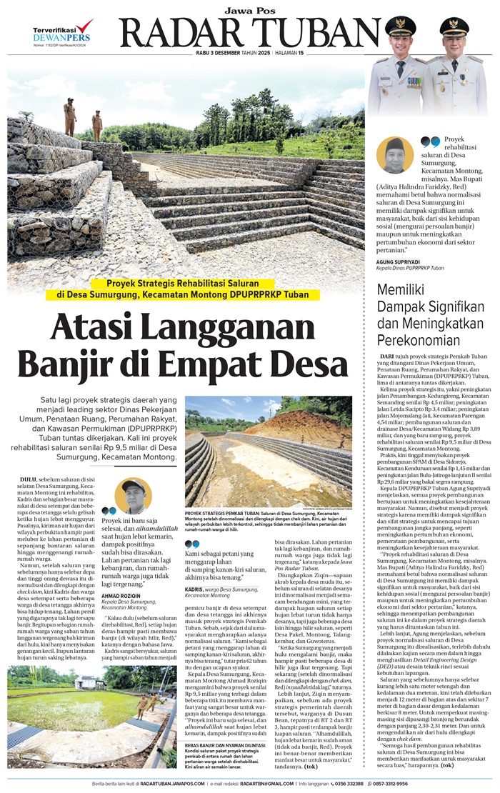 Rehabilitasi saluran Rp 9,5 miliar di Desa Sumurgung rampung dan terbukti efektif mencegah banjir saat hujan lebat.