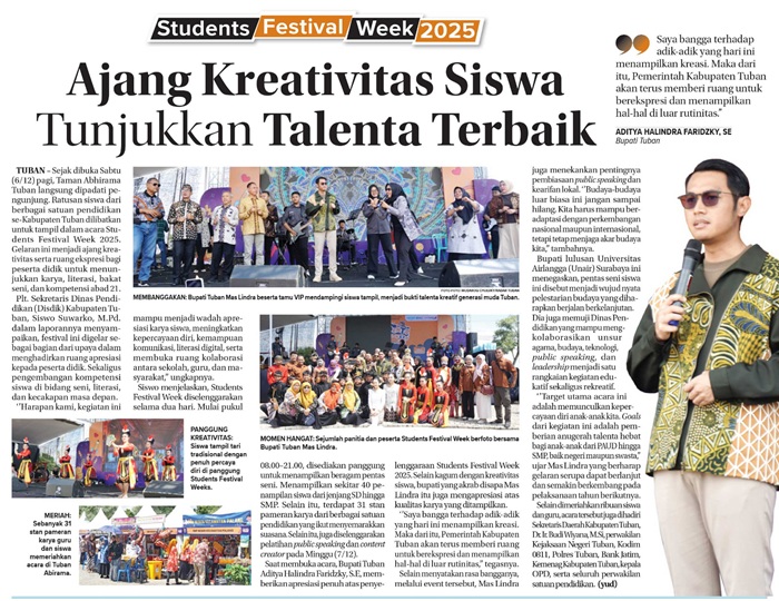 Students Festival Week 2025 padati Taman Abhirama Tuban, ratusan siswa tampil unjuk bakat, seni, dan literasi.