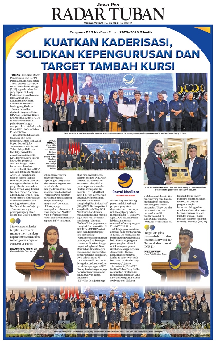Pelantikan DPD NasDem Tuban digelar khidmat. Target politik ditetapkan: 7 kursi DPRD dan perwakilan ke DPR RI 2029.