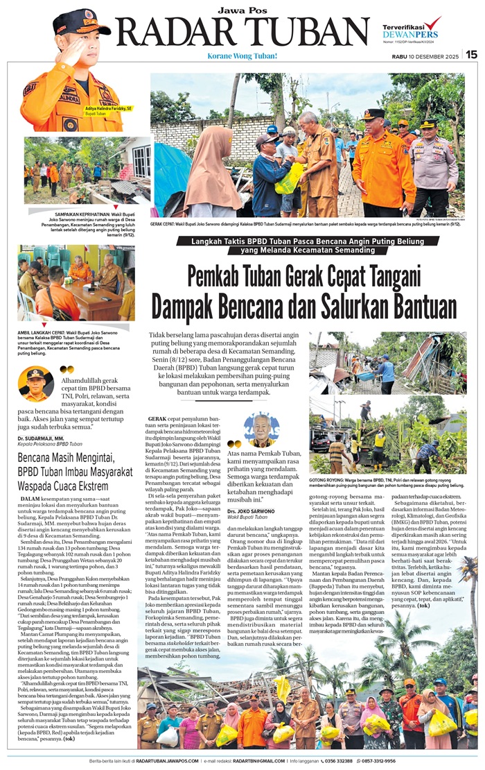 Angin puting beliung landa Semanding, Desa Penambangan paling terdampak, pemkab Tuban gerak cepat bersihkan puing dan distribusi bantuan.
