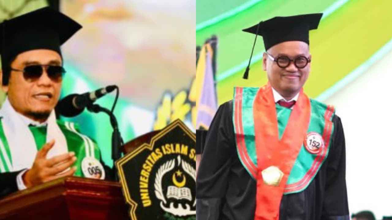Kolase foto wisuda Gus Miftah dan Uya Kuya Gelar Magister S2 di unissula
