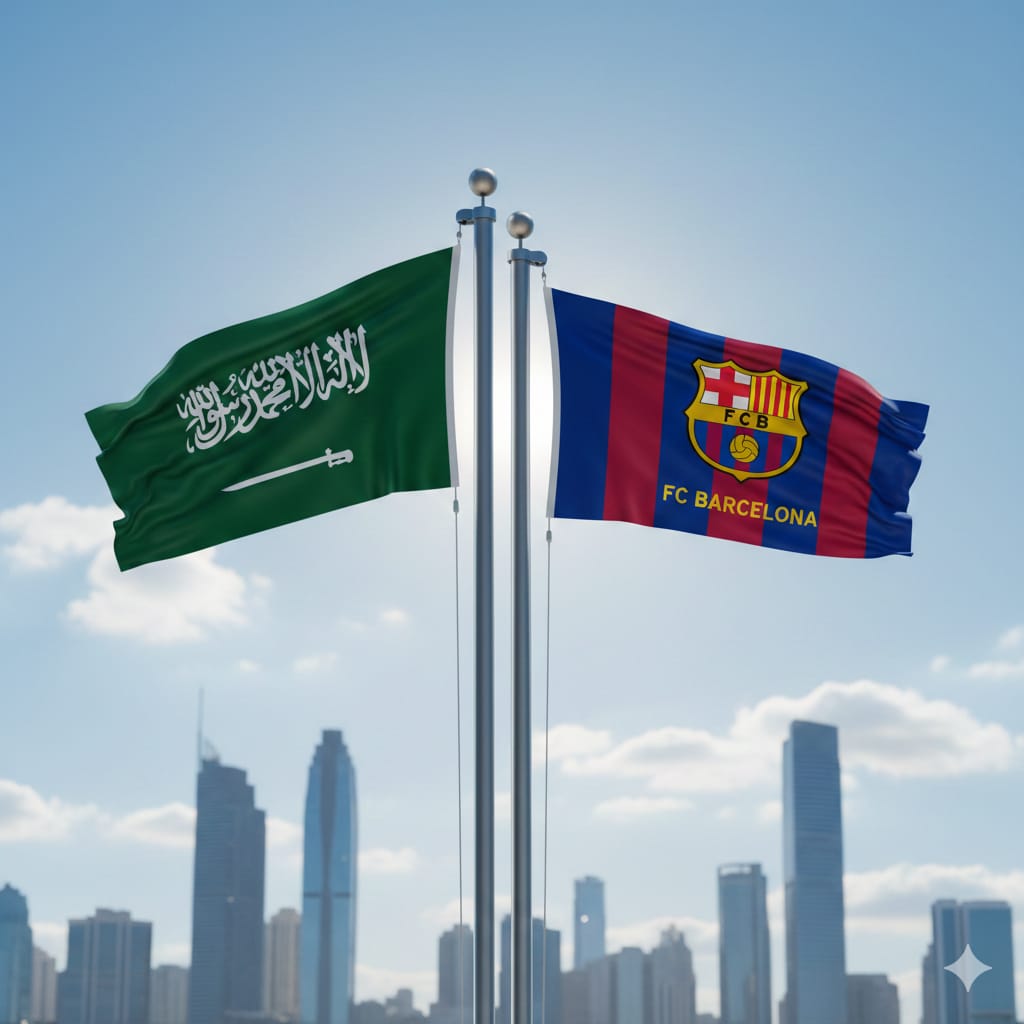 Ilustrasi bendera Saudi Arabia dan FC Barcelona.