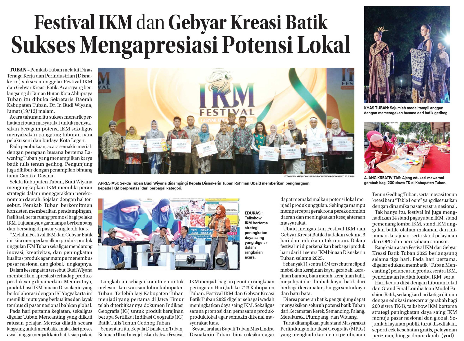Batik Tulis Tenun Gedhog Tuban ber-IG ditampilkan dalam Festival IKM 2025 yang berlangsung tiga hari di Hutan Kota Abhipraya.