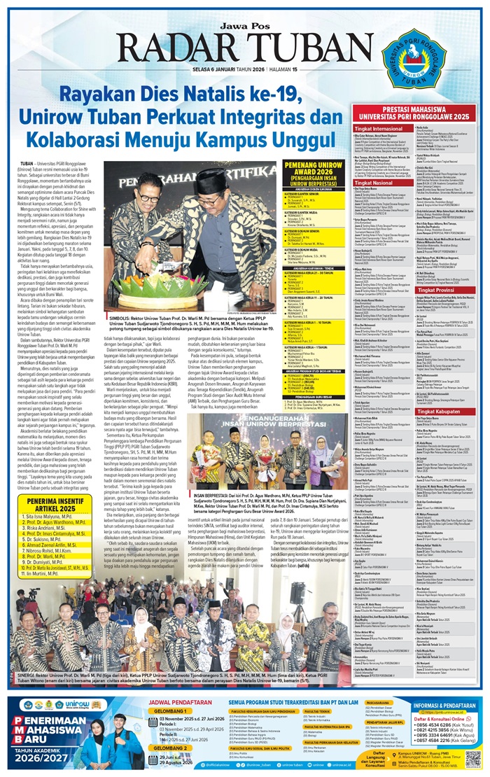 Puncak Dies Natalis ke-19 Unirow Tuban jadi momentum refleksi, apresiasi pendiri, dan penguatan visi kampus unggul.