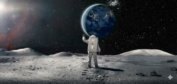 ilustrasi seorang astronot di Bulan melambaikan tangan ke Bumi