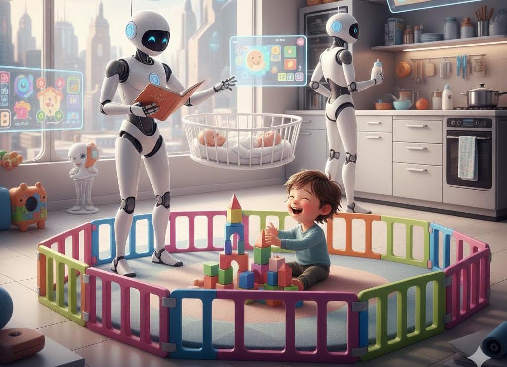 Ilustrasi anak kecil yang diasuh oleh robot.