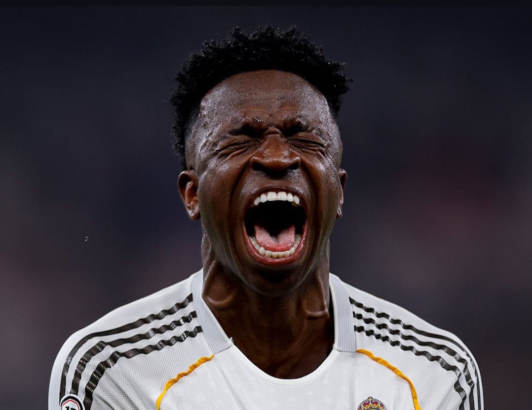 Ekspresi emosional Vinicius Jr saat membobol gawang Barcelona di Final piala super Spanyol.