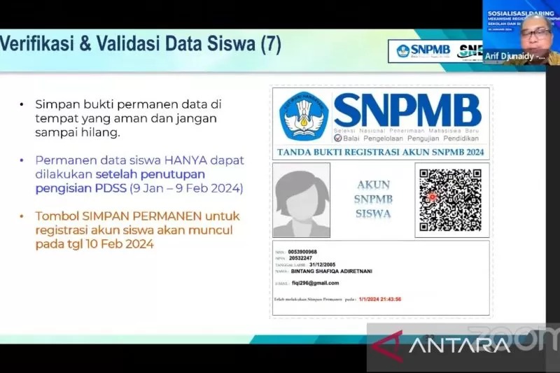 Tangkapan layar sosialisasi mekanisme pendaftaran SNPMB siswa secara darin