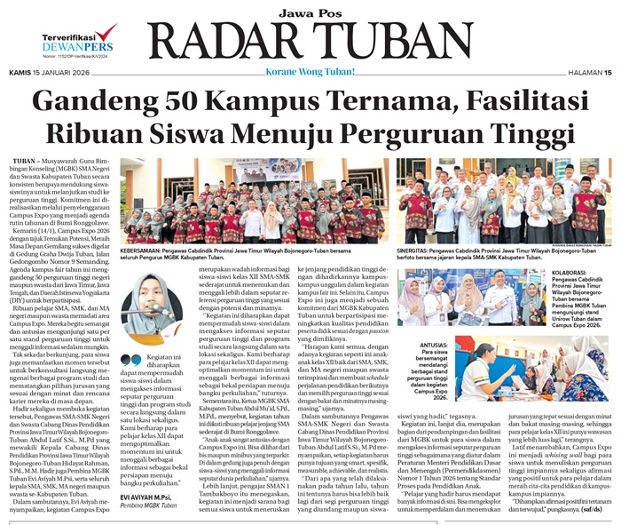 Campus Expo 2026 Tuban jadi wadah pelajar menggali minat dan potensi. Puluhan kampus ternama hadir langsung di Graha Dwija.