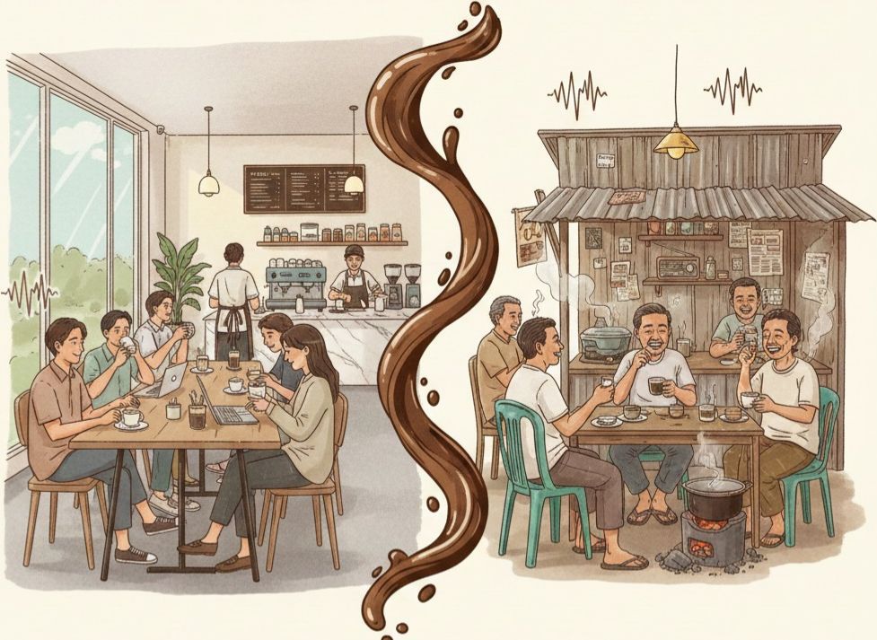 Ilustrasi perbedaan cafe dan warkop lokal