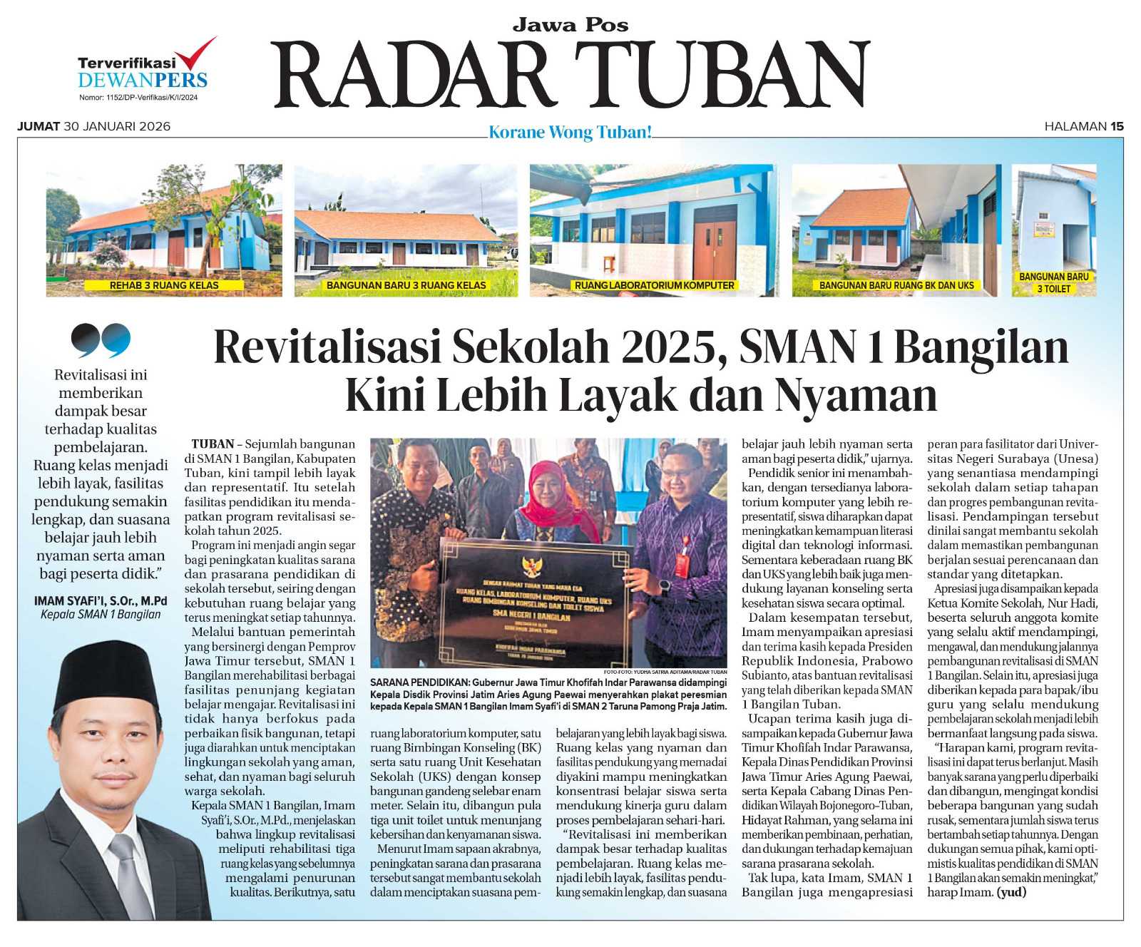 SMAN 1 Bangilan merehabilitasi ruang kelas, lab komputer, BK, UKS, dan toilet lewat program revitalisasi.