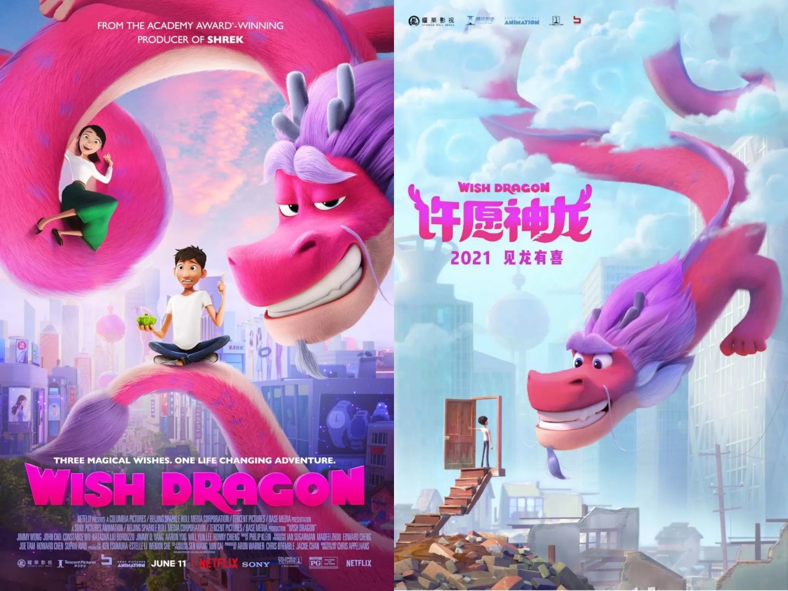 Dua versi poster film Wish Dragon (2021) dengan bahasa yang berbeda.