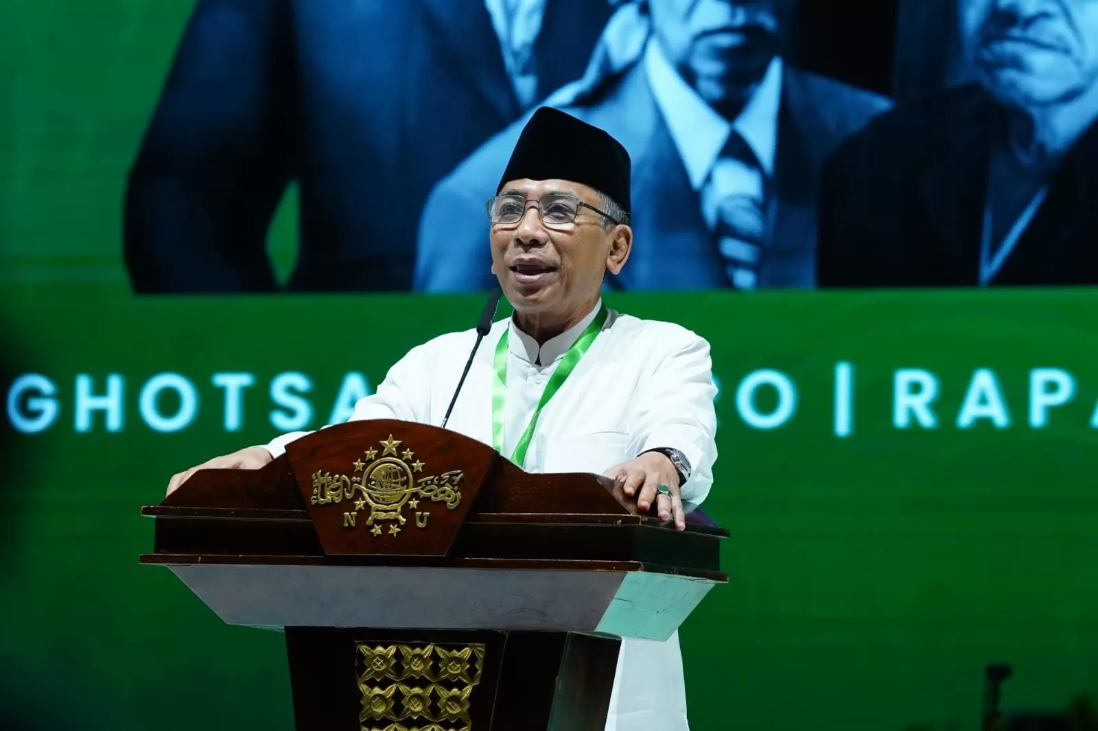 Yahya Cholil Staquf atau Gus Yahya menyampaikan sambutan dalam peringatan Harlah ke-100 NU di Jakarta pada Sabtu (31/1).&nbsp;