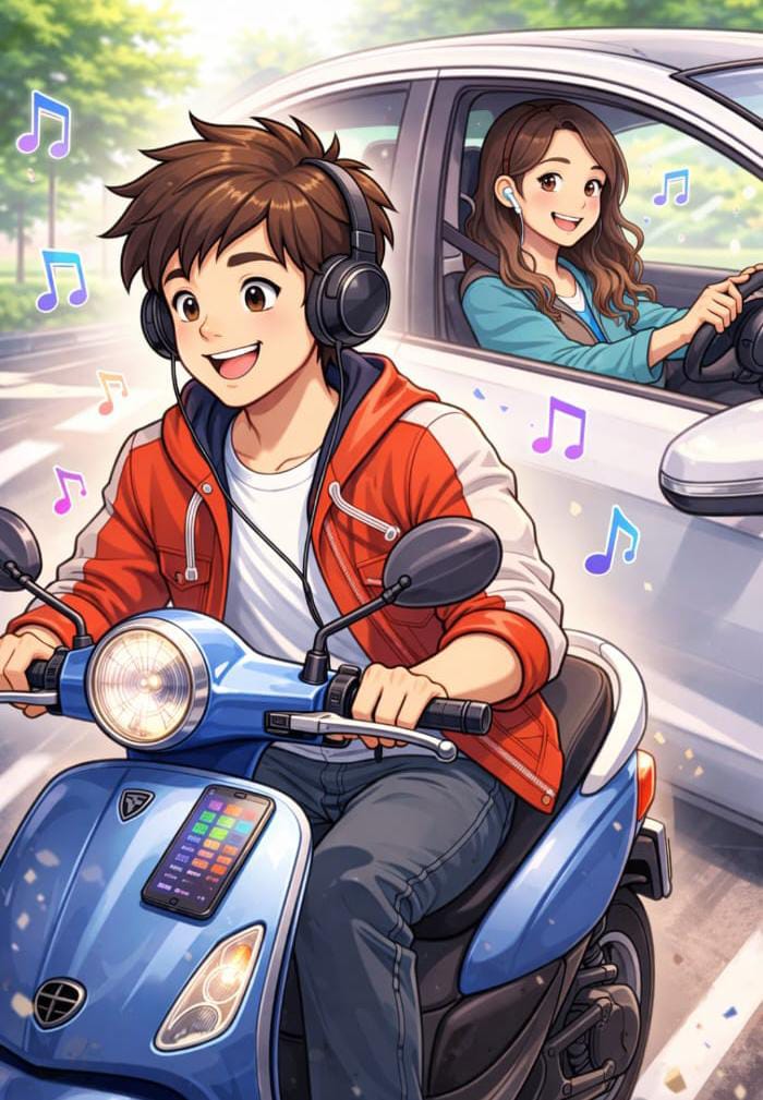 Ilustrasi kebiasaan gen z yang mendengarkan musik sambil berkendara