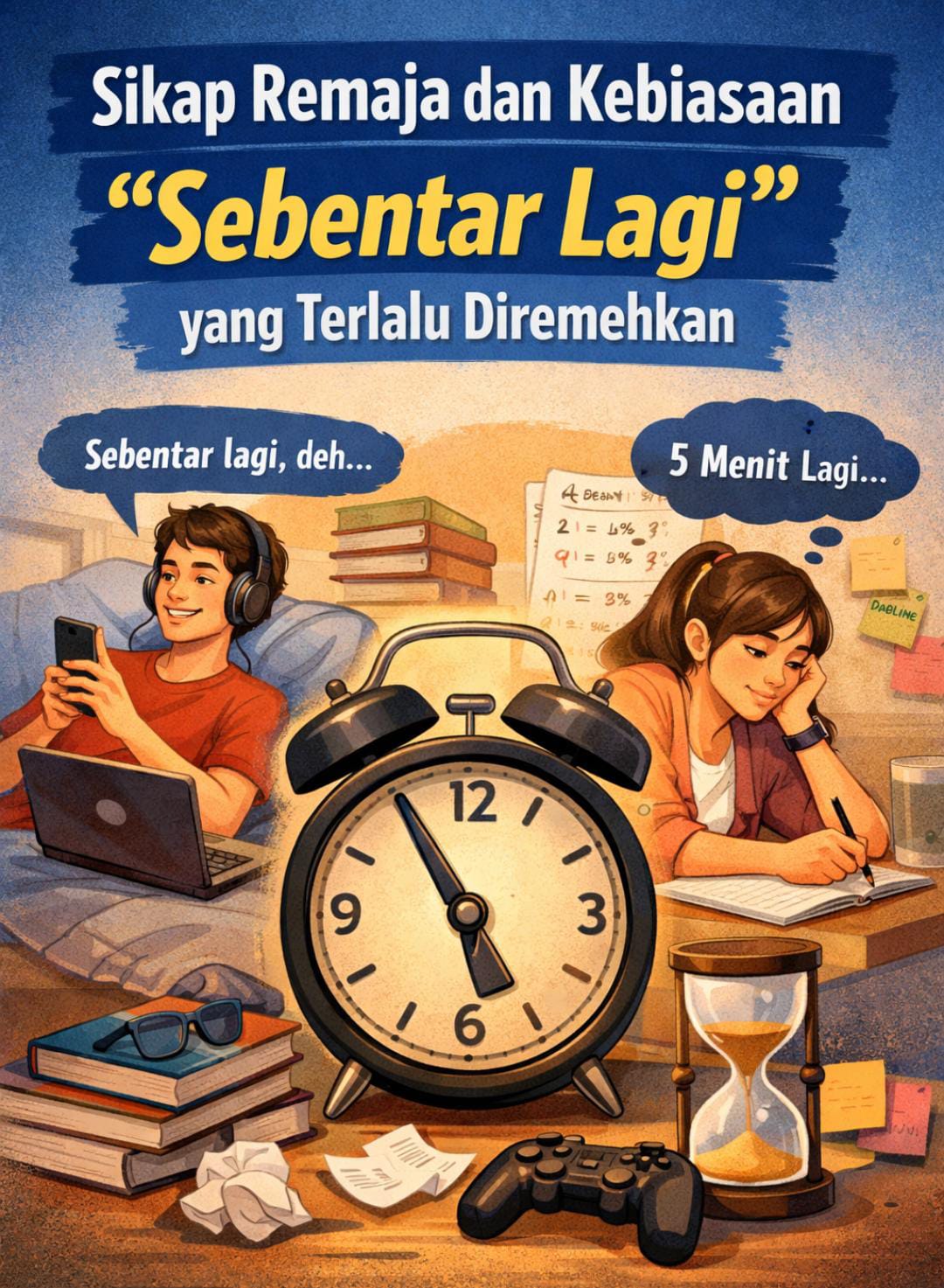 Ilustrasi kebiasaan remaja yang suka menunda-nunda waktu