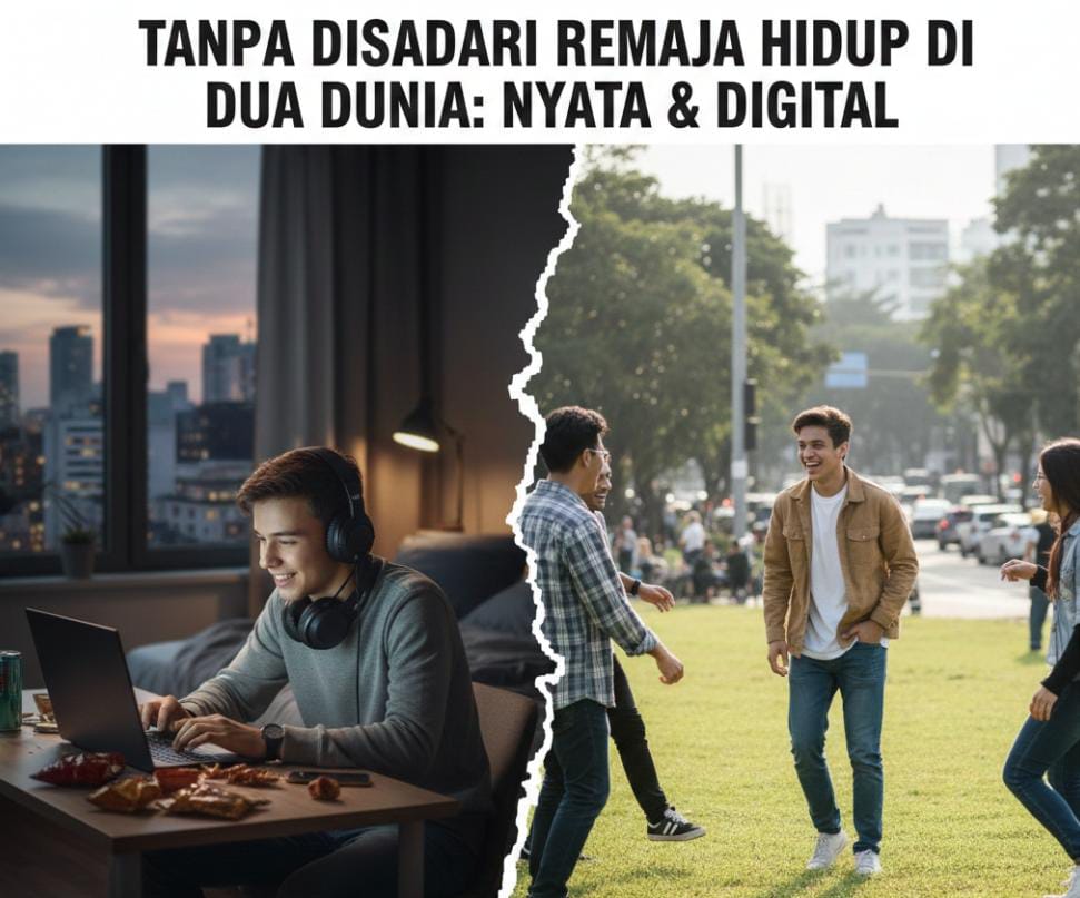 Ilustrasi remaja yang tanpa sadar hidup di dunia nyata dan digital