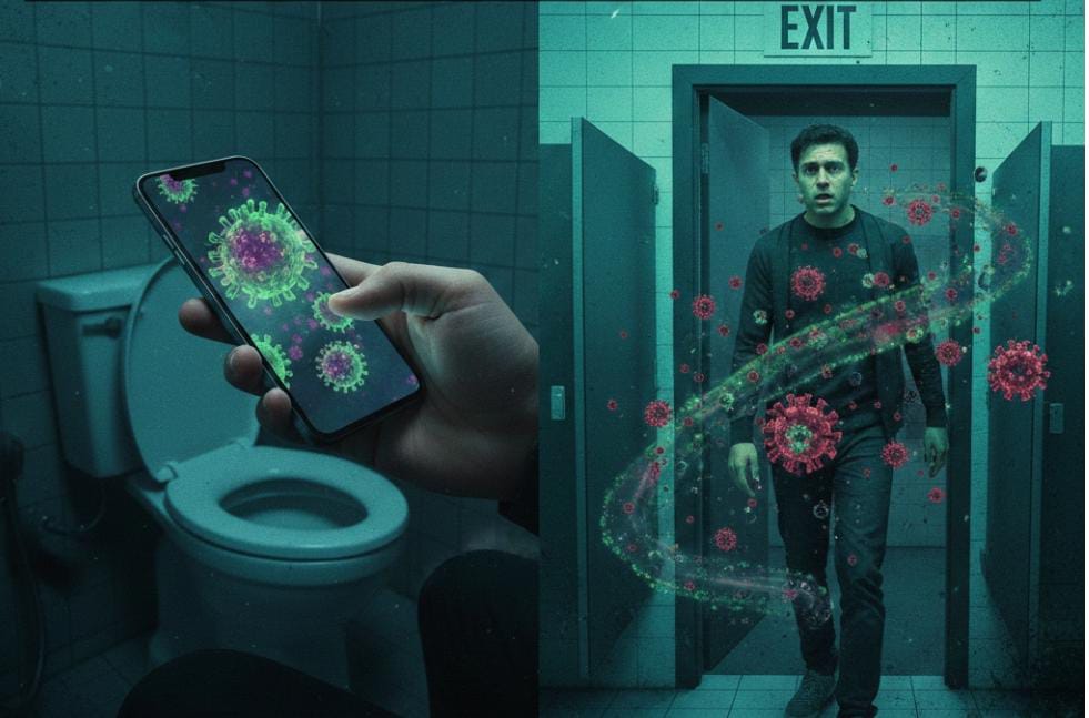 Ilustrasi orang bawa hp ke toilet