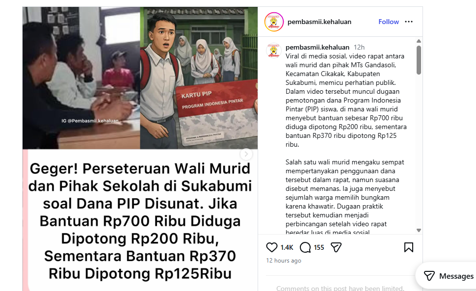 Postingan viral tentang sejumlah wali murid MTs Gandasoli memprotes dugaan pemotongan dana PIP siswa.
