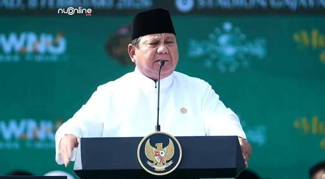 Presiden Prabowo Subianto saat pidato di acara Mujahadah Kubra Nahdlatul Ulama.