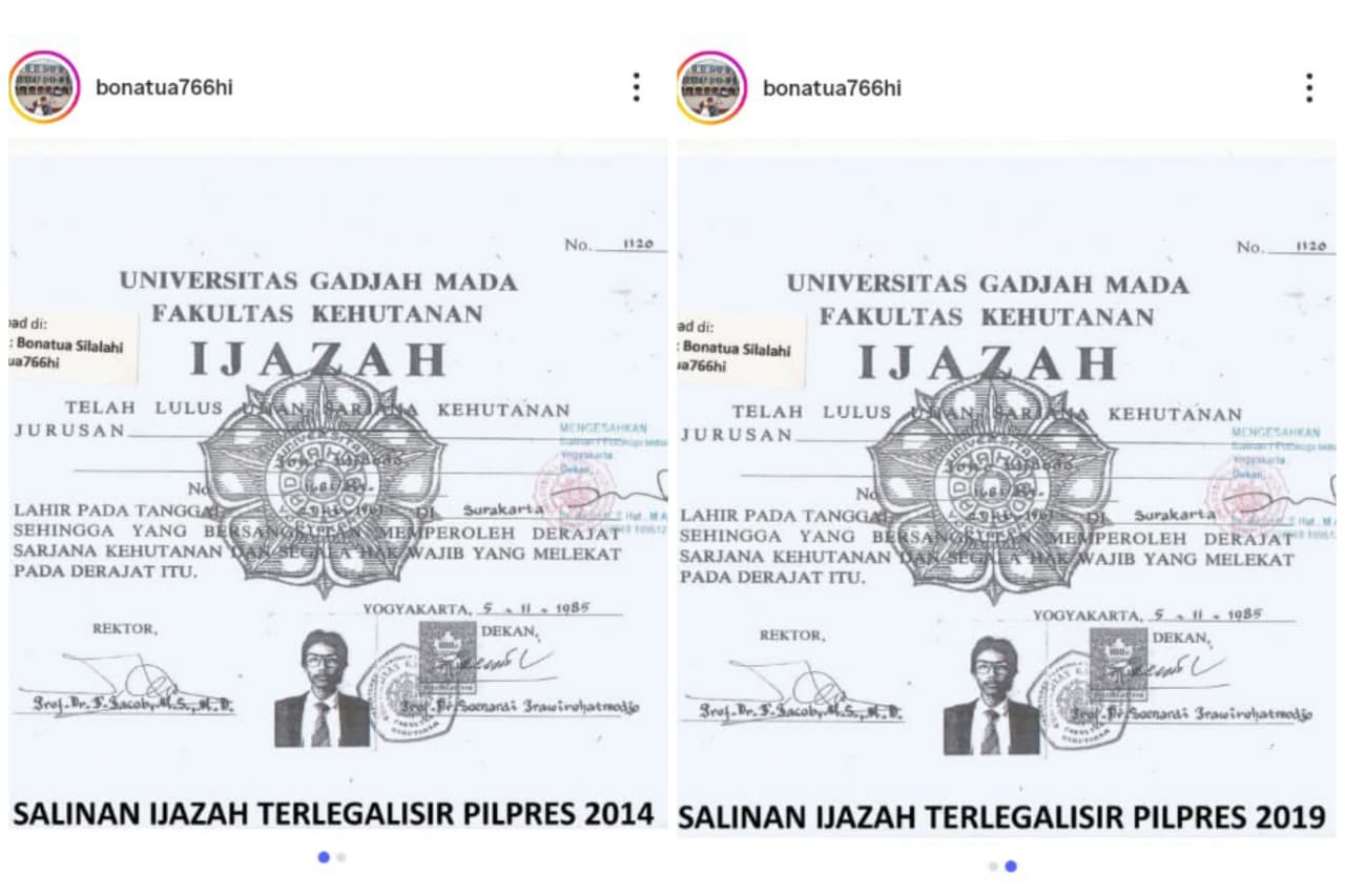 Pengamat Kebijakan, Bonatula Silalahi, mengunggah Foto Ijazah Jokowi pada pilpres 2014 dan 2019