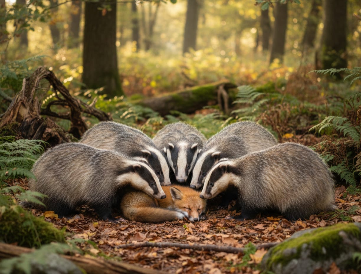 Ilustrasi hewan mengelilingi binatang lainnya.
