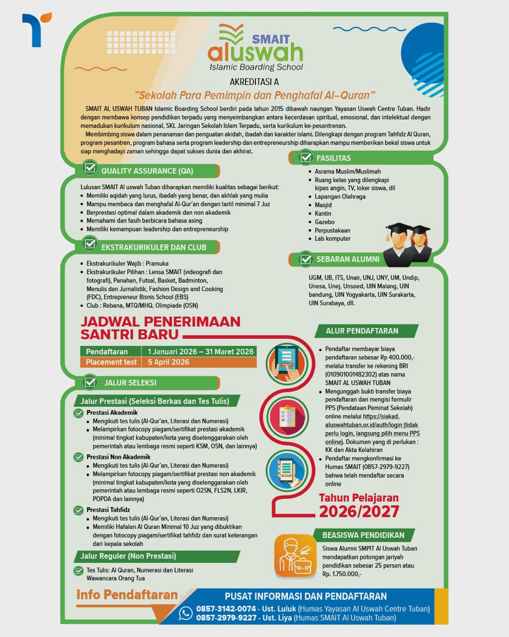 Brosur penerimaan siswa baru SMAIT Al Uswah Tuban.