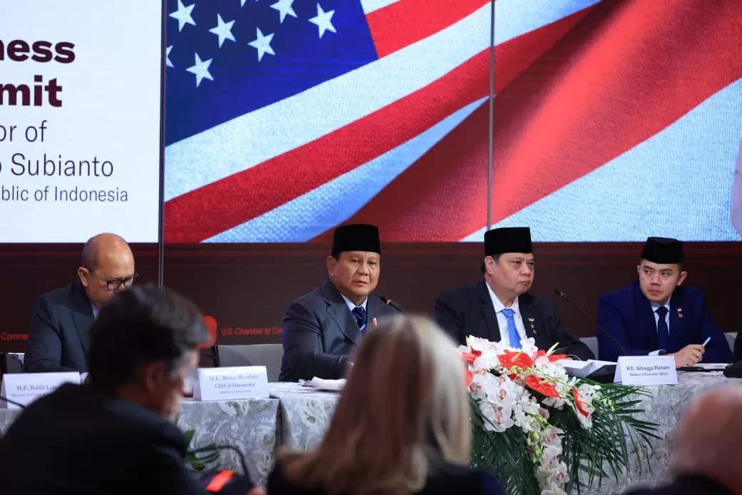 Presiden RI Prabowo Subianto saat menghadiri Forum Bisnis bersama US Chamber of Commerce di Washington DC