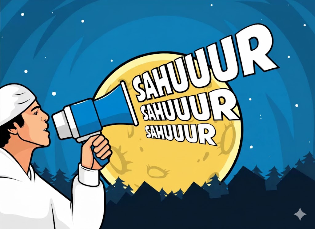 Ilustrasi orang yang tengah membangunkan sahur