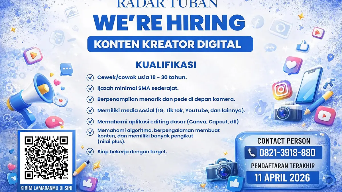 Gabung tim kreatif Radar Tuban! Dicari anak muda yang pede di depan kamera dan jago editing.